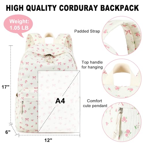 Image of BTOOP School Backpack for Girls Teens Large Corduroy Bookbag Lightweight 15.6 inch Laptop Bag for Women Casual High School College (Pink Bow Floral)