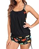 Holipick Women Dinosaur Tankini Swimsuits Two Piece Tummy Control Bathing Suits Blouson Swim Tank Top with Boy Shorts L
