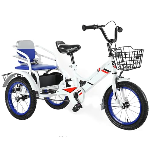 JIYIAN Blue,18 inches, Kids Double Seats Bike,Leisure Pedal Tricycle with Back Seat Large Capacity and Deep Storage Basket for Children Playground Sports Cruiser Bikes