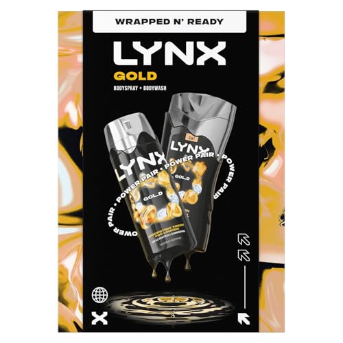 Lynx Gold Duo Gift Set for Him Oud Wood and Vanilla Scent Full-Size Body Wash and Deodorant Spray 48H Freshness with Zinc Technology Aluminium Free Grooming Gift for Men in Gift-Ready Packaging