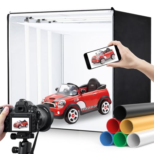 Professional Photo Light Box, Heorryn 24x24x24 Inches Portable Photo Studio Box Folding Shooting Tent Kit with Brightness Dimmable LED Lights & 5 Backdrops for Jewellery, Food, Shoes Photography etc