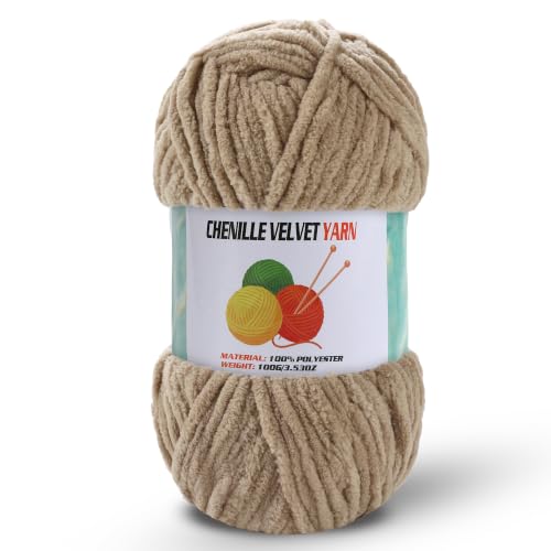 Image of Fluffy Chenille Yarn for Crocheting, Chunky Velvet Yarn for Crochet Amigurumi, Used for Making Baby Yarns Blanket, Clothes, Pattern Knitting Creations (1-Khaki)