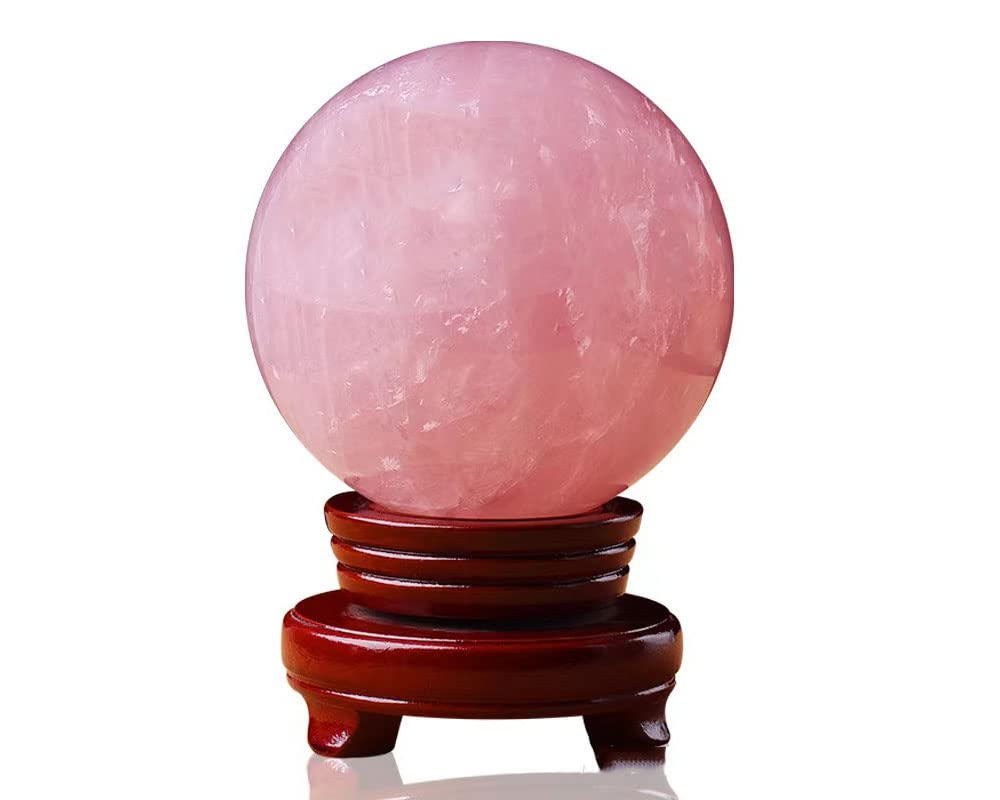 StoneStory Rose Quartz Crystal Sphere Ball with Wood Stand Large Healing Crystals Sphere Sculpture Home Office Decoration Fengshui Meditation Healing 90mm 3.54 inches (Rose Quartz, 3.54 inches )