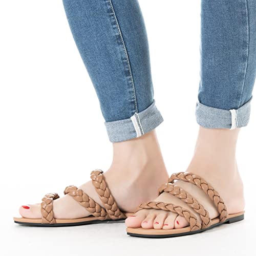 Image of Mtzyoa Women's Strappy Flat Sandals with Toe Ring | Lightweight Walking Slides | Summer Beach Wedding Shoes | Black | Casual Dressy Vacation