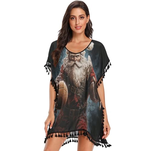 KAAVIYO Christmas Santa Claus Basketball Women's Beach Cover Up Chiffon Tassel Swimwear Swimsuit Coverups for Girl