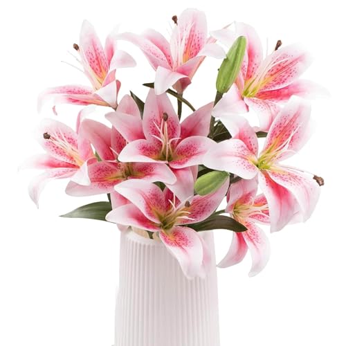 Image of CURATED CART 2 Pcs Lily Artificial Flowers Bunch for Home Decoration - Big Lilys Bouquet for Home Decor - Real Touch Faux Latex Long Stem - Includes 6 Lily Flowers and 10 Half Bloom Buds-Pink Colour