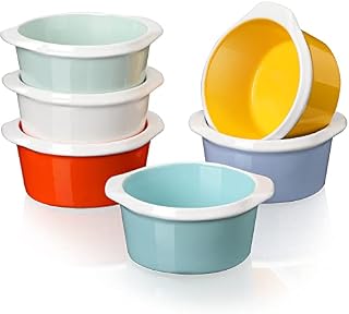 LOVECASA Porcelain Ramekins, Souffle Dishes, Round Handle - Ramekins, Baking for Pudding, Creme Brulee, Souffle - Cool Assorted Colour, 9.3cm in Diameter - Set of 6