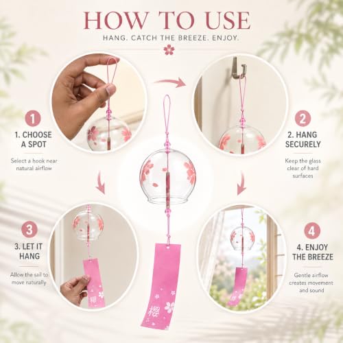 Image of Artibetter Japanese Glass Wind Chime Hanging Bell with Cherry Blossom Design | Handmade Furin Wind Bell for Home, Balcony, Garden, Patio, Window & Gift Decor (Pink)