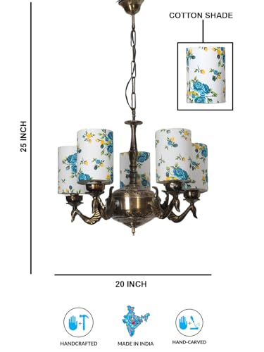 Image of Devansh 05-Light Round Printed Multicolor Cotton Shade Chandelier - Antique Golden Finish | Adjustable Cord | Warm Glow Lamp - Ceiling Light for Living Room, Dining Area, BedroomDecor - D11