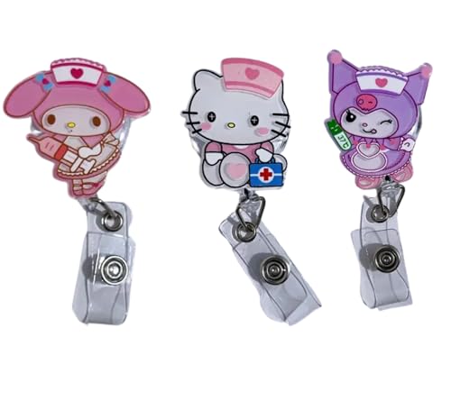 3 Pcs Cute Cartoon Retractable Badge Reel Holders – Kawaii Clip-On ID Badge Holders with Keyring & 24” Cord Extension – Fun Animal Nurse & Office Badge Reels for Teachers, Students.