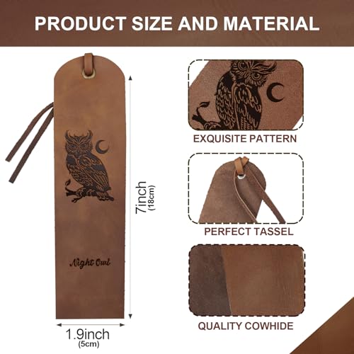 MAYJOYDIY 4pcs Owl Moon Leather Bookmarks 5×18cm Night Owl Cowhide Vintage Leather Book Markers Genuine Handmade Page Markers for Men Women Lovers Gift Book Lovers Reading Office Supplies - Image 2