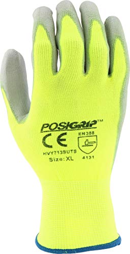 West Chester PosiGrip HVY713SUTS PU Palm Coated Polyester Gloves - [Pack of 12] XX-Large, HI-VIS Yellow Dexterous Gloves with Touch Screen Fingertips, Knit Wrist