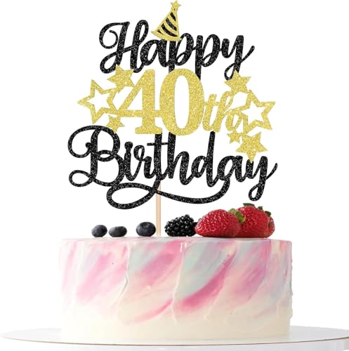 Image of Confetti! Glittering 40th Birthday Cake Topper with Star Hat - Cheers to 40 Years! Fabulous Cake Decorations for Adults 40th Birthday & Anniversary Party Supply