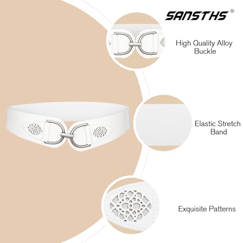 SANSTHS Vintage Women Stretchy Wide Belt Chunky Buckle Elastic Wide Waist Belts for Dresses Coats