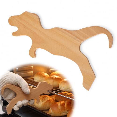 SiliFine Magnetic Dino Oven Rack Push Puller Dinosaur Beech Wood Pull Out Hot Racks Puller Push Pull Tool Bake Oven Baking Accessories for Air Fryer and Toaster Ovens