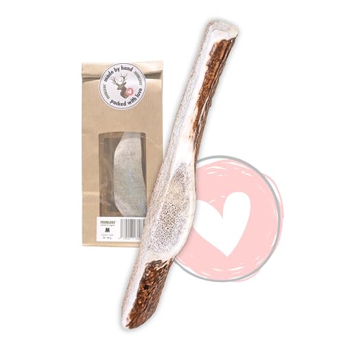 FOURLEGS® natürlicher Kausnack für Hunde aus 100% Hirschgeweih - Mineralstoffe, Kauspielzeug, Kaustange, Wildgeschmack, Geweih, Knochen, Hirsch, Kauartikel - Größe M halbiert