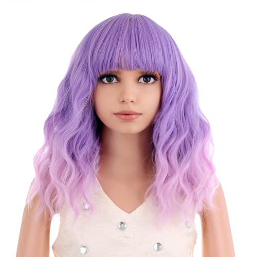 Image of PATTINUM Purple Wig Kids Child's Wig Short Curly Wig Lavender Purple Wigs for Kids Light Purple Pink Wigs with Bangs Synthetic Hair (Purple Ombre Pink)