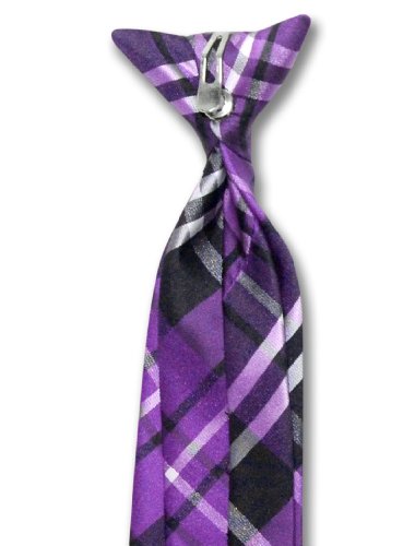 Vesuvio Napoli Boy's CLIP-ON NeckTie PURPLE BLACK WHITE PLAID Youth Neck Tie3