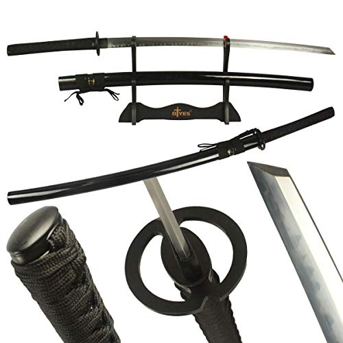 AUXIER All Black Katana Samurai Sword,Katana Sword Real Reverse Blade Sword,T10 Clay Tempered Katana Swords for Men Sharp Battle Ready