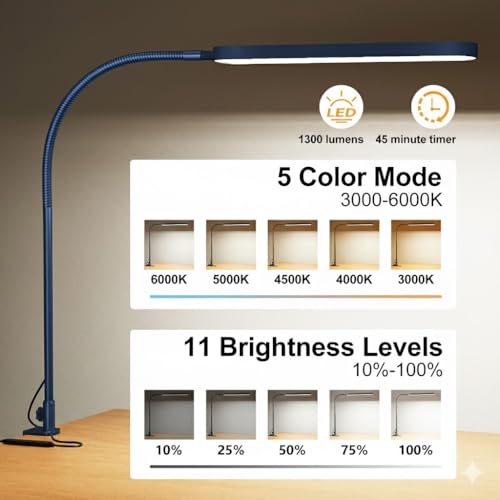 Image of SKYLEO LED Desk Lamp - Desk Light for Home Office - Flexible Gooseneck - 5 Color Modes X 11 Brightness Levels - 1300LM - Timmer & Memory Function - 12W Clip on Light - Blue