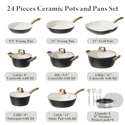 Bazova Pots and Pans Set, 24-Piece Non Stick Ceramic Cookware Set with 3 Stockpots-Healthy & Non-Toxic for Family Cooking, PFAS/PTFE/PFOA-Free, Lightweight & Easy to Handle, Induction Compatible
