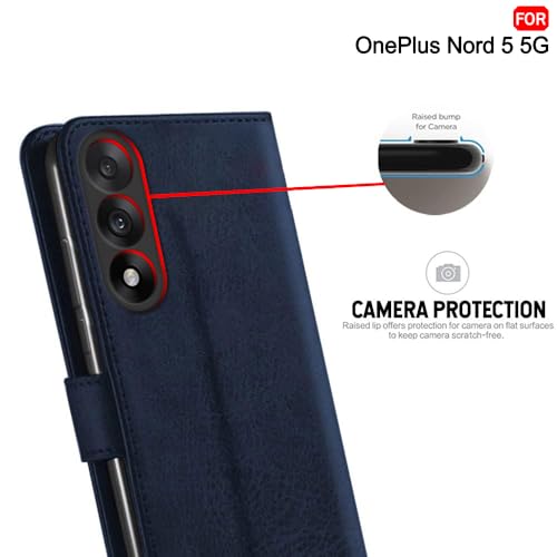 Image of TheGiftKart heGiftKart Genuine Leather Finish Flip Back Cover Case for OnePlus Nord 5 5G | Inbuilt Pockets & Stand | Wallet Style | Designer Button Magnet Flip Back Cover Case (Faux Leather, Blue)