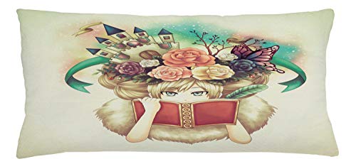Lunarable Fantasy Throw Pillow Cushion Cover, Creative Girl Reading with Medieval Castle Butterfly Roses Bird Dream World Print, Decorative Rectangle Accent Pillow Case, 36