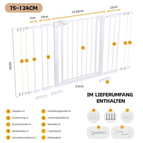 Javonix Treppenschutzgitter ohne Bohren, Extra Hoch 92 cm Höhe, 75-124 cm Breite, Türgitter Baby mit 3 Verlängerungen und 2 Y-Spindeln, für Kinder, Hunde und Katzen, Auto-Close & 90° Stopp - Weiße
