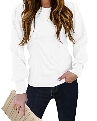 Tecrew Women's Puff Sleeve Crew Neck Pullover Sweater Casual Cozy Knit Slim Jumper Tops, White, Medium #TOP29