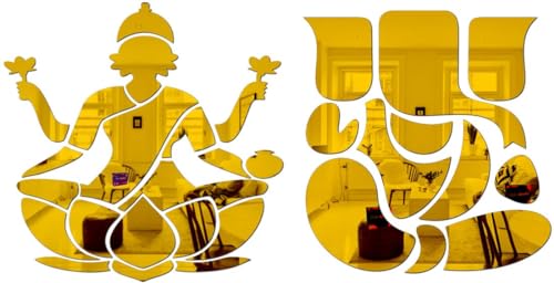 Image of Laxmi Ganesha Gold (Pack of Set 1) Mirror Stickers for Wall Acrylic Mirror Decor Sticker Acrylic Stickers Lotus Wall Stickers for Hall Room Bed Room