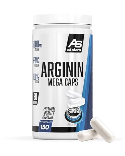 ALL STARS Arginin Mega Caps Vegan -150 L-Arginin Kapseln hochdosiert 1000mg pro Kapsel, Mikrokristallines L-Arginin ohne Zucker & künstliche Zusatzstoffe