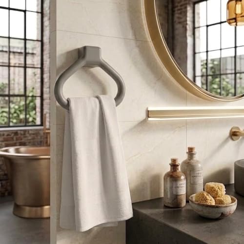 Image of Branco Modern Wall Mounted Towel Ring Holder | Self Adhesive Towel Ring for Bathroom | Premium Plastic Bathroom Hand Towel Hanger, Durable & Rust-Free, Easy Installation (Metallic Grey)