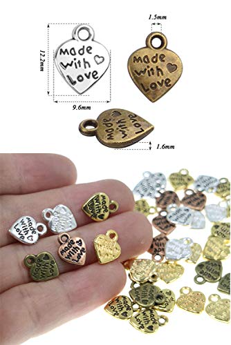 Made with Love Bead Charms 200pcs Heart Shaped Alloy Pendants for Jewellery Filigree Earring Bracelet Dangle Necklace Choker Making Handmade Gift(Silver) - Image 2