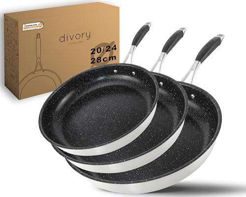 DIVORY Edelstahl Pfanne 20, 24, 28cm ULTIME Induktion I Antihaft beschichtete Bratpfannen Set für...