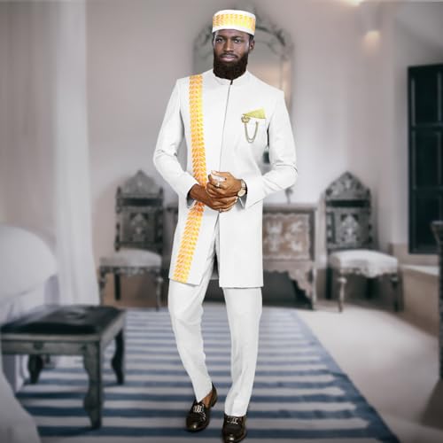 African Suits for Men Bazin Riche Embroidery Jacket Trousers and Caps Wedding Party Occasion Outfits2