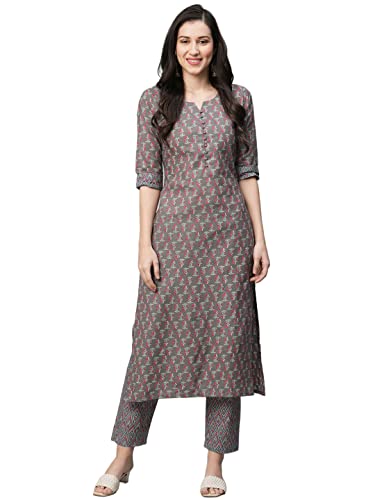 Image of GoSriKi Women's Cotton Blend Printed Straight Kurta With Pant