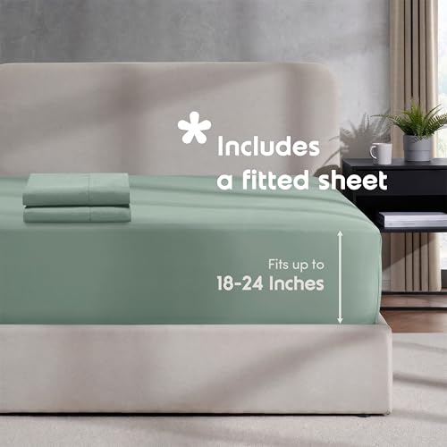 Image of Hearth & Harbor Sage Green Duvet Cover with Fitted Sheet Queen Size | 4 Piece Soft Double Brushed Bedding Set, Button Closure, 1 Duvet Cover 90x90 Inches, 1 Fitted Sheet, 2 Pillow Shams