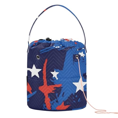 Independence Day Red White Blue Crochet Bag Crochet Travel Bag with Holes Travel Storage for Knitting Tool Knitting Organizer