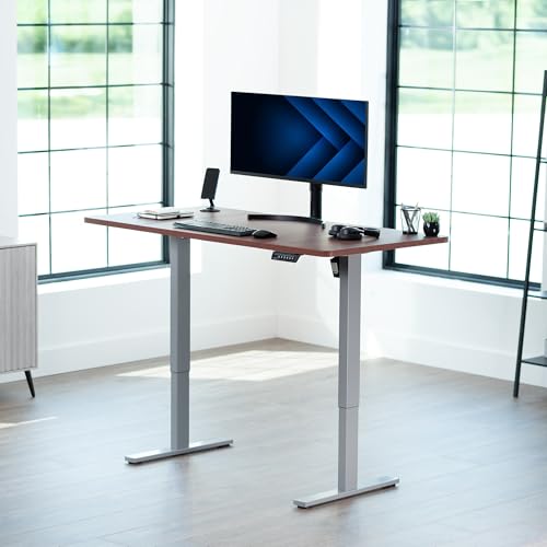 Image of VIVO Dark Walnut 60 x 30 in Standing Desk, DESK-KIT-1G6D-30 | Electric, Holds 220 lbs, Sit Stand, Height Adjustable, Extra Deep Table Top, Memory Presets, 1B Series, Gray Frame