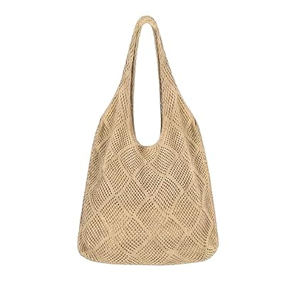 LEACOOLKEY Borsa Crochet Donna Uncinetto Borsa Mare all'Uncinetto, Tote Beach a Maglia per Vacanze Boho,Kaki