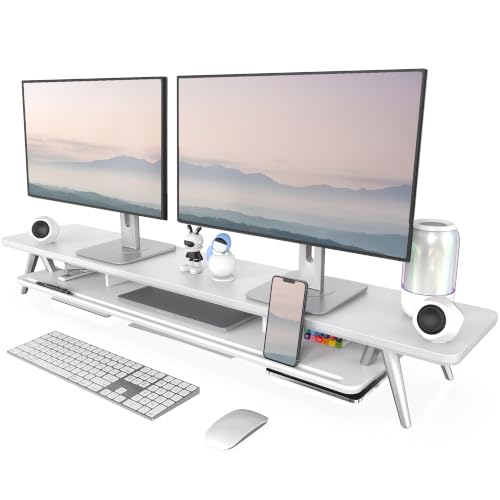 Image of Fenge Dual Monitor Stand, Monitor Stands Riser for 2 monitors, 47.2 Inch Wood Desk Shelf with Storage Organizer and Cable Management for Office Desk Accessories