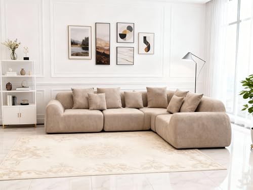 Image of KEIKI 118 inch Oversized Cloud Sectional Couches for Living Room, Velvet Curved Sectional Boneless L-Shape Chaise Sofa with Compression Memory Foam, No Assembly Modular Sofa for Family Space, Beige