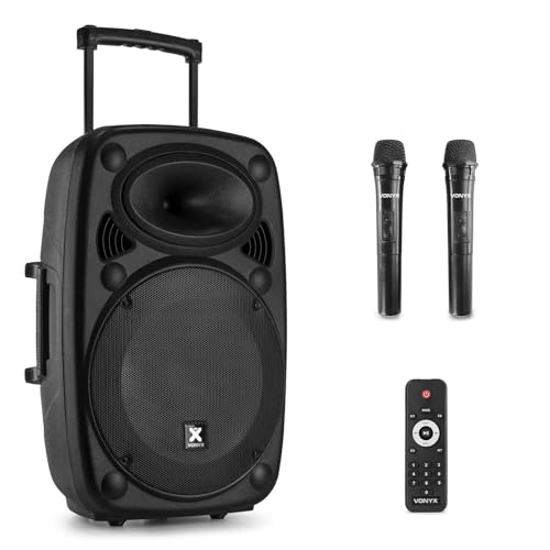 Vonyx Verve46 Enceinte Sono Portable 1000W, Enceinte Bluetooth Puissante, 2 Micros sans Fil, Poignées et roulettes de Transport, Idéale pour Vos Evénements, Karaoké, Fêtes en Extérieur