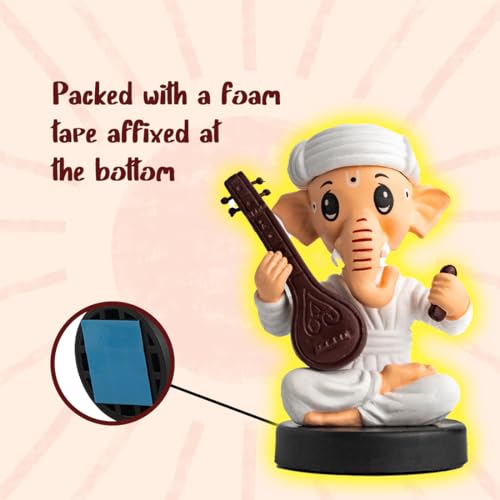 Image of Ganesh Idol for Car Dashboard Bobblehead, Home Decor Items for Living Room, Office Desk, Ganpati Murti for Gifting, God Statue for Good Luck, Superhero Action Figure, Sitar and Kartal, White