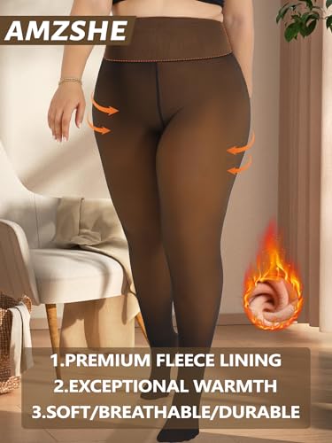 Image of Plus Size Fleece Lined Tights Women, Control Top Thermal Tights for Women, Fake Translucent Winter Warm Tights