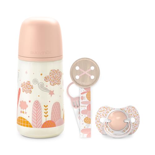 Suavinex, Pack Bebé Recién Nacido, Regalo Bebé con: Biberón Anticólico 270 ml de Flujo Medio (M) + Chupete 0/6 Meses + Chupetero de Tela. Para Bebés 0/6 Meses. Tetinas Sx Pro de Silicona, Dreams Rosa