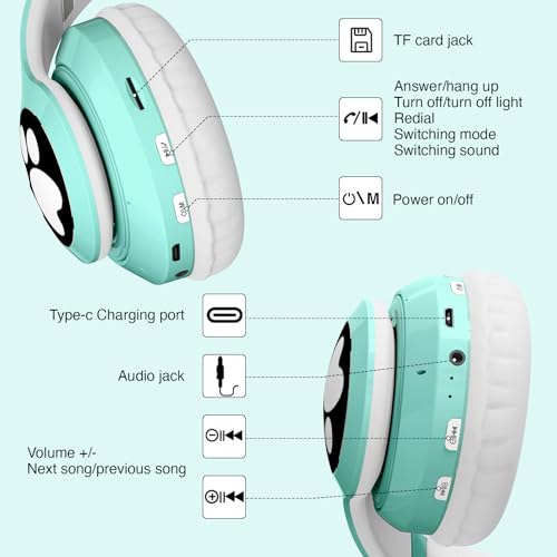 Image of Bluetooth Headphones for Kids, Cute Ear Cat Ear LED Light Up Foldable Headphones Stereo Over Ear with Microphone /TF Card Wireless Headphone for iPhone /iPad /Smartphone /Laptop /PC /TV (Green) | Wireless Bluetooth 5.0, foldable design, built-in mic & TF card slot, adjustable comfort, ideal for kids' learning & play.