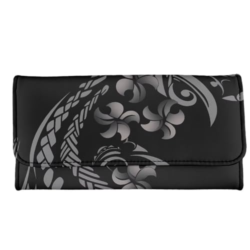 Tropic Tribal Stripes Long Wallet for Women Boho Ethnic Trifold PU Leather Clutch Purse, Hawaiian Tribe Flowers Billfold Wallet Card Holders4