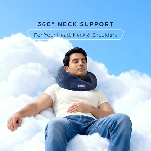 Image of The Sleep Company Travel Neck Pillow | PU Latex | Neck Support | Perfect For Flights, Car, Train and Bus Journeys | Dual Height Design | Compact Zippered Case | Light Weight | Adjustable Velcro | Blue
