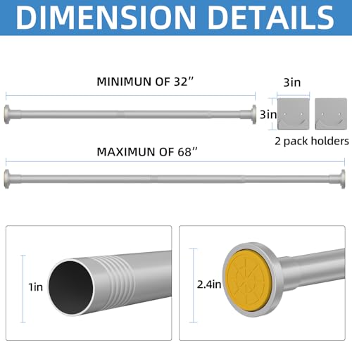 CorkLatta Matte Silver Shower Curtain Rod,1 Inch Diameter Stainless Steel Adjustable Spring Tension Rods 32 to 80",with Holders,Anti-Slip,Curtain Rods No Drilling(1 Pack) by CorkLatta - Image 6